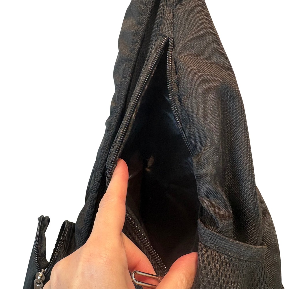 Black Sling Backpack Single Strap Crossbody Bag Reflective Trim Travel Daypack - Picture 9 of 10